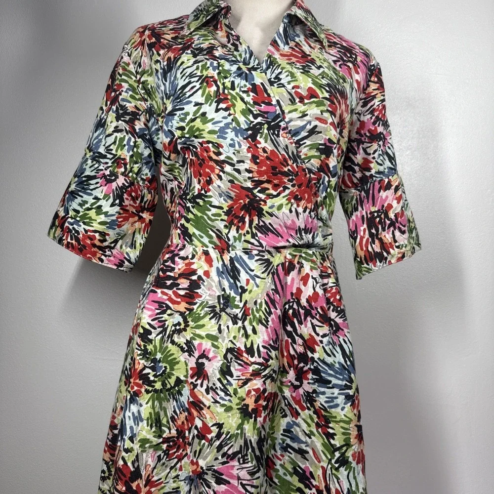 JG Hook Midi Dress Size 10 Linen Faux Wrap Multicolor Abstract Floral Belted - Picture 14 of 16